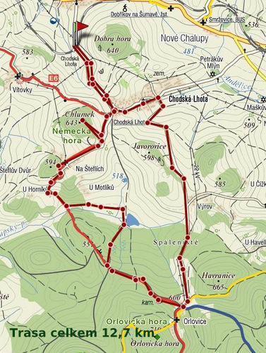 Chodská Lhota zast.-Chodská Lhota-Orlovice-Štefle- Chodská Lhota 12,7 km