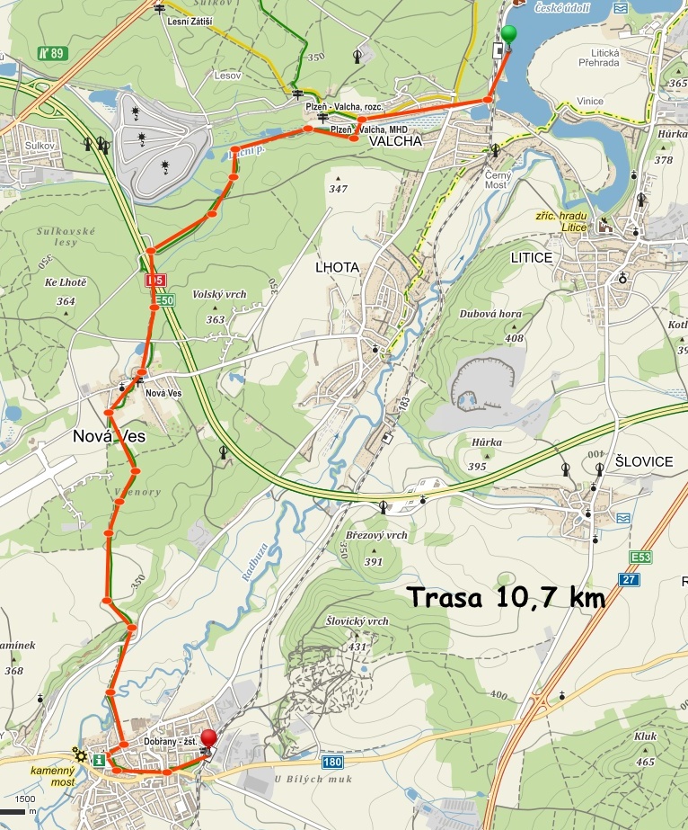 Plzeň Valcha-Nová Ves-Dobřany žst. 10,7 km