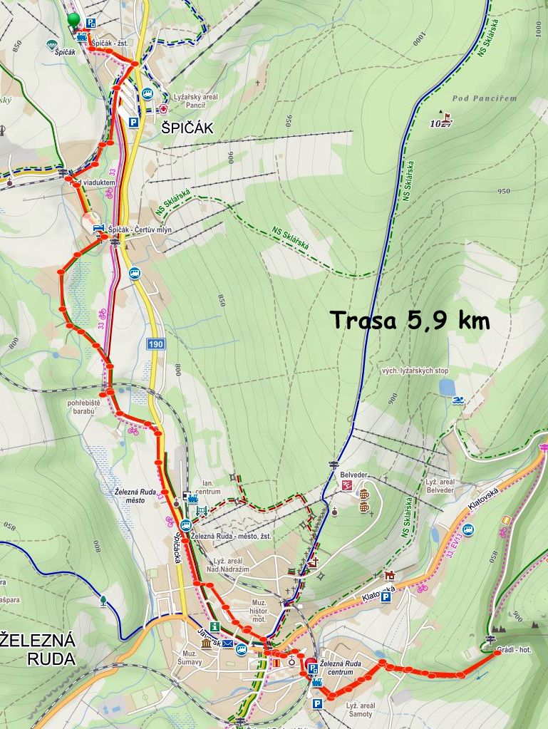 Špičák-pohřebiště Barabů-Železná Ruda-Grádl-Ž.Ruda centrum ž.st. 5,9 km